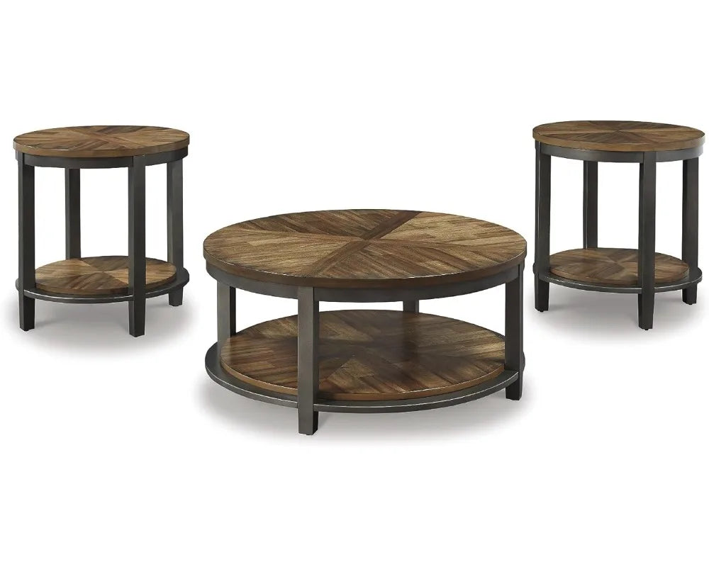 Rustic Round 3-Piece Coffee Table Set with Fixed Shelf, Light Brown Farmhouse Style Living Room Furniture