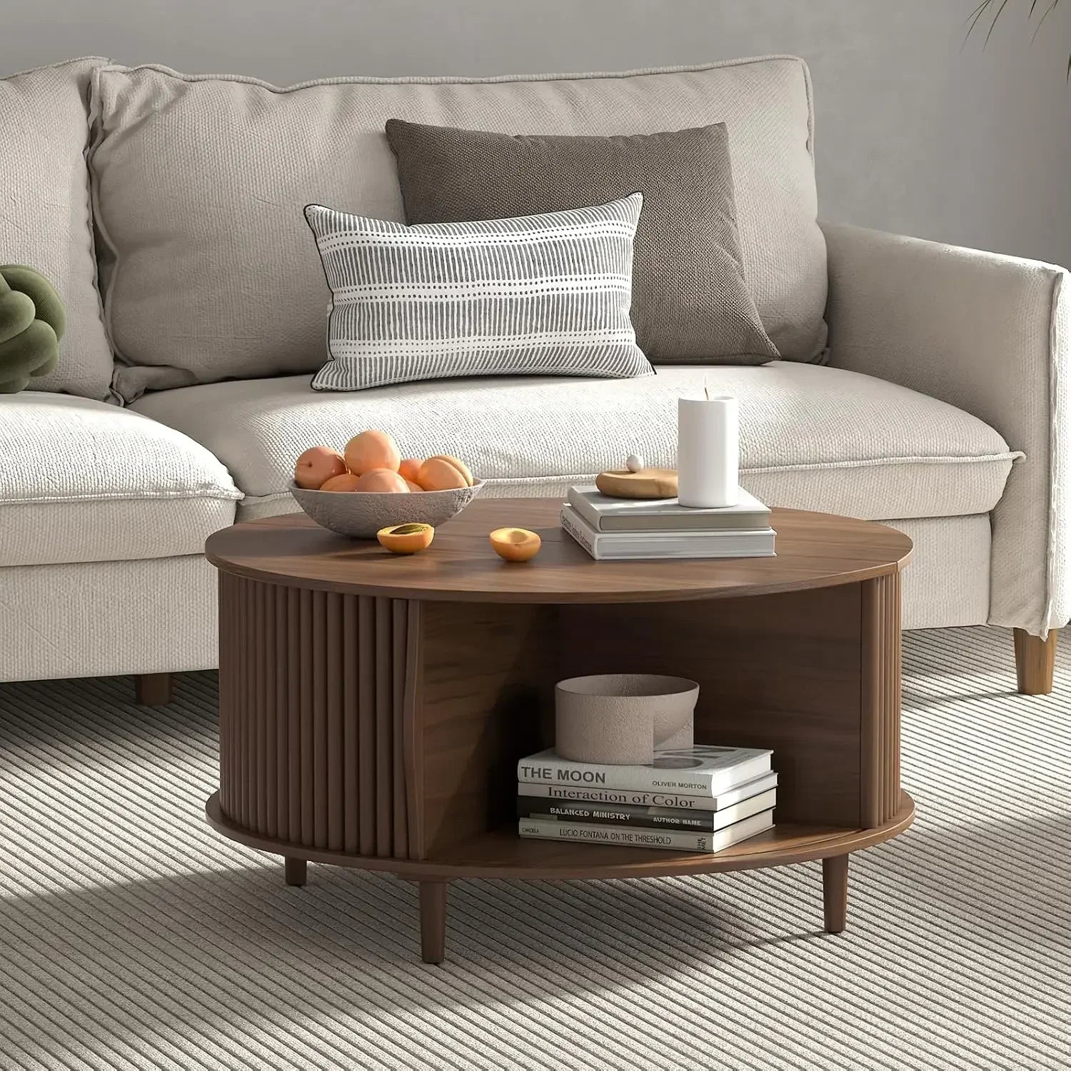 Round Coffee Table with Storage Mid Century Modern Dining Table with Sliding Cabinet Door for Living Room Home Center Table