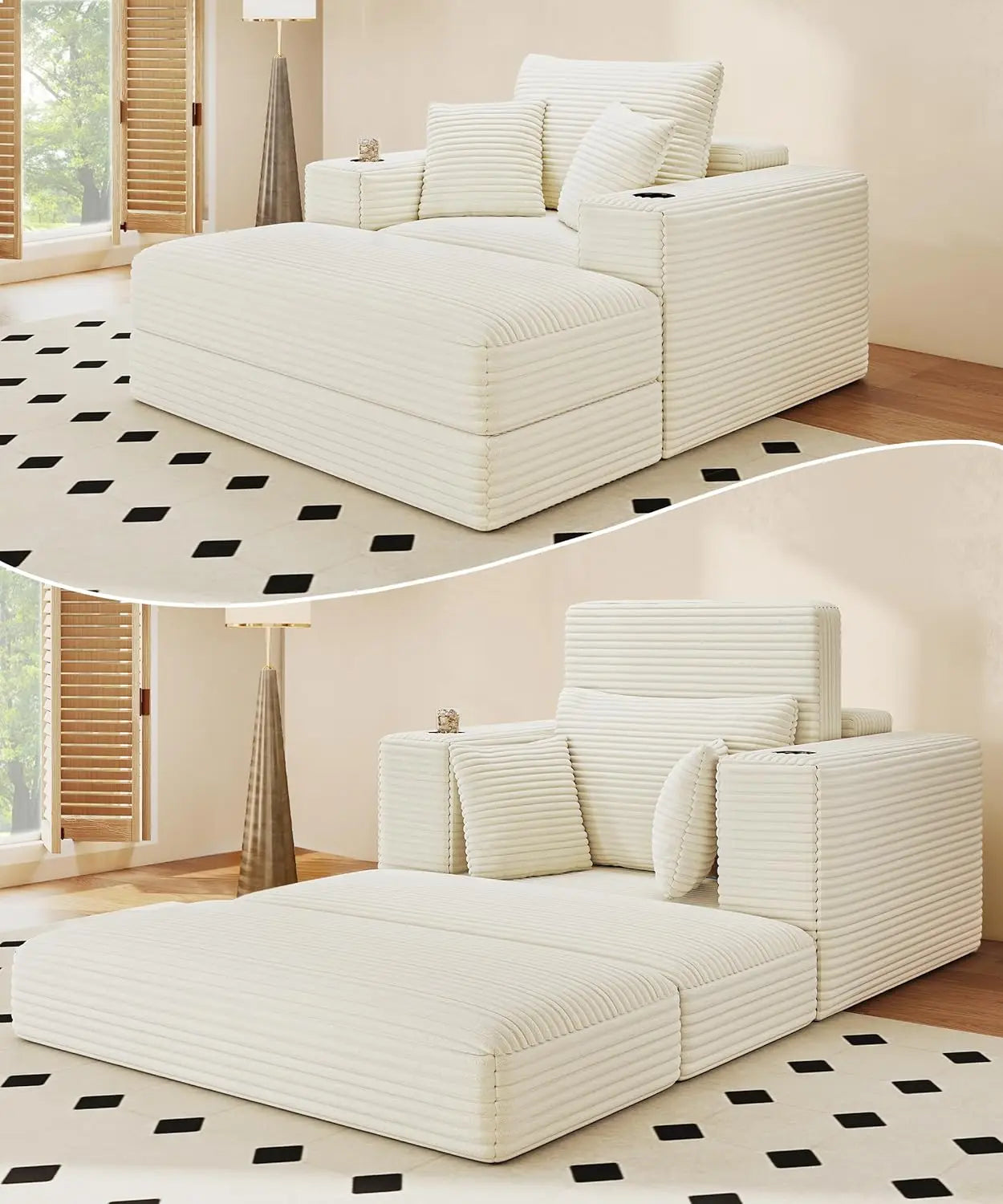 62" Oversized Chaise Lounge Chair Indoor, Corduroy Boneless Chaise Lounge Couch Sleeper Chair, Convertible Oversized Reading Cha