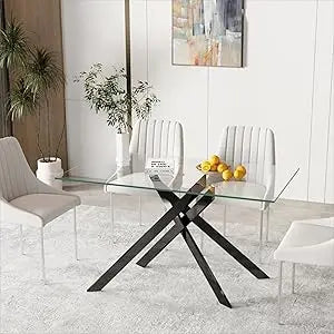 51.18" Rectangular Glass Dining Table, Tempered Glass Kitchen Tabe with Metal Legs, Stylish and Sturdy Dinner Table for Home and
