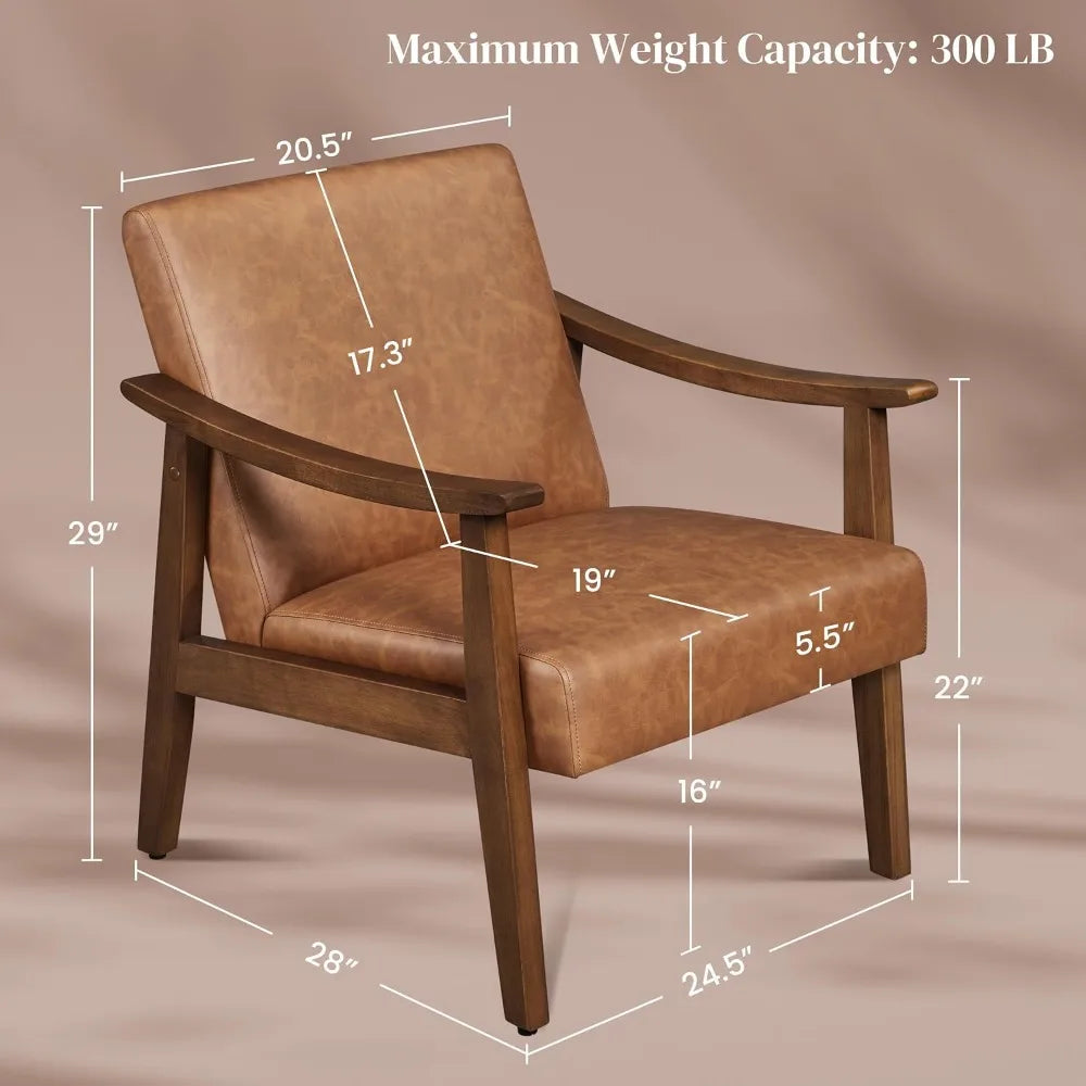 PU Leather Accent Chair, Mid-Century Modern Armchair with Solid Wood Legs, Reading Leisure Chair with High Back for Living Room