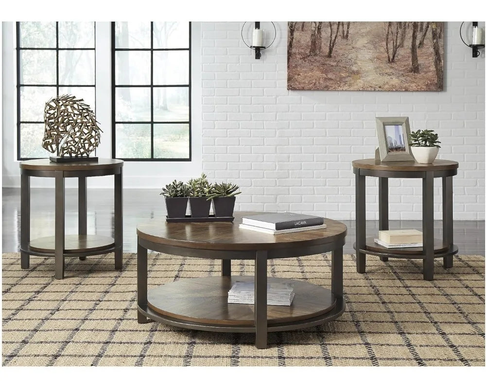 Rustic Round 3-Piece Coffee Table Set with Fixed Shelf, Light Brown Farmhouse Style Living Room Furniture