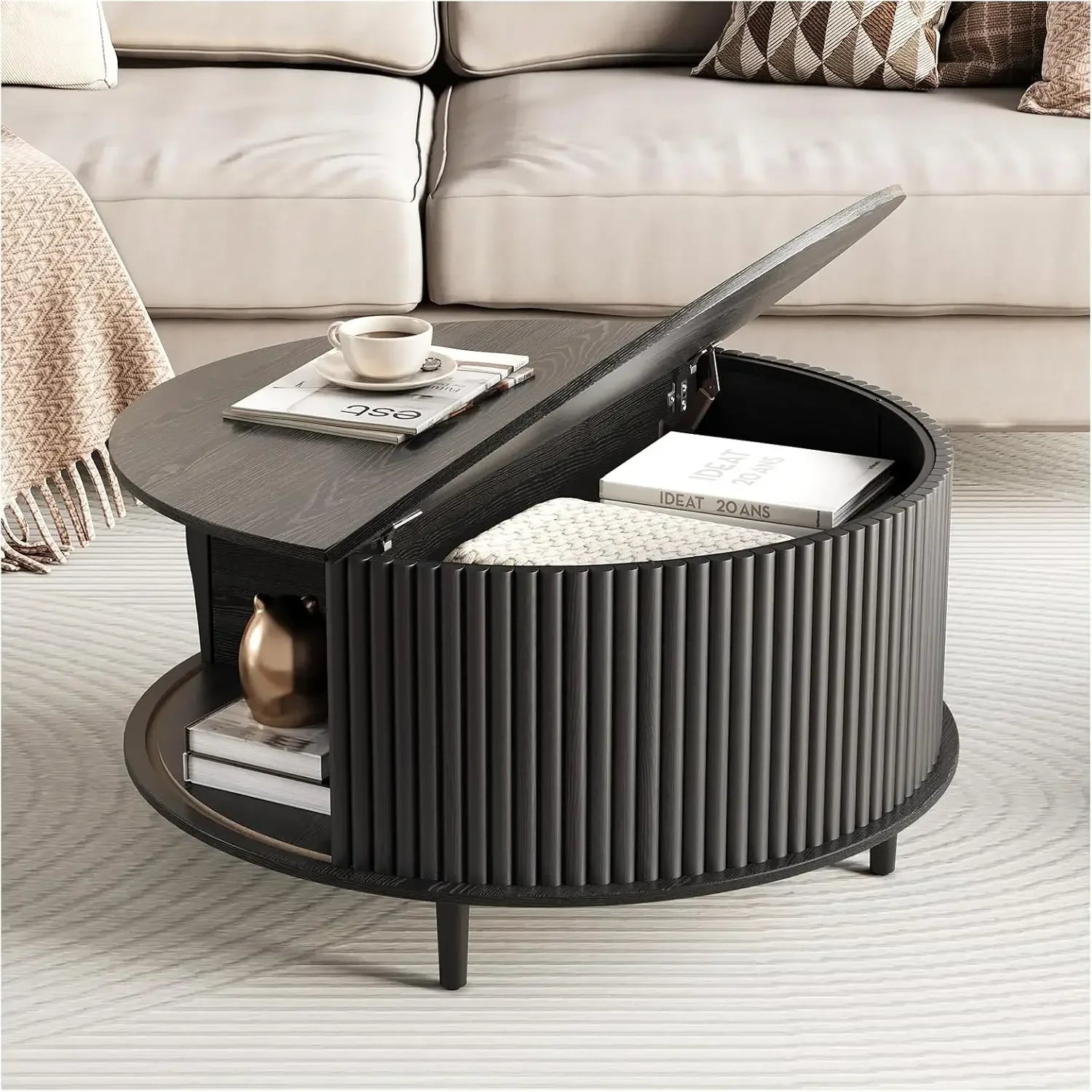 Round Coffee Table with Storage Mid Century Modern Dining Table with Sliding Cabinet Door for Living Room Home Center Table