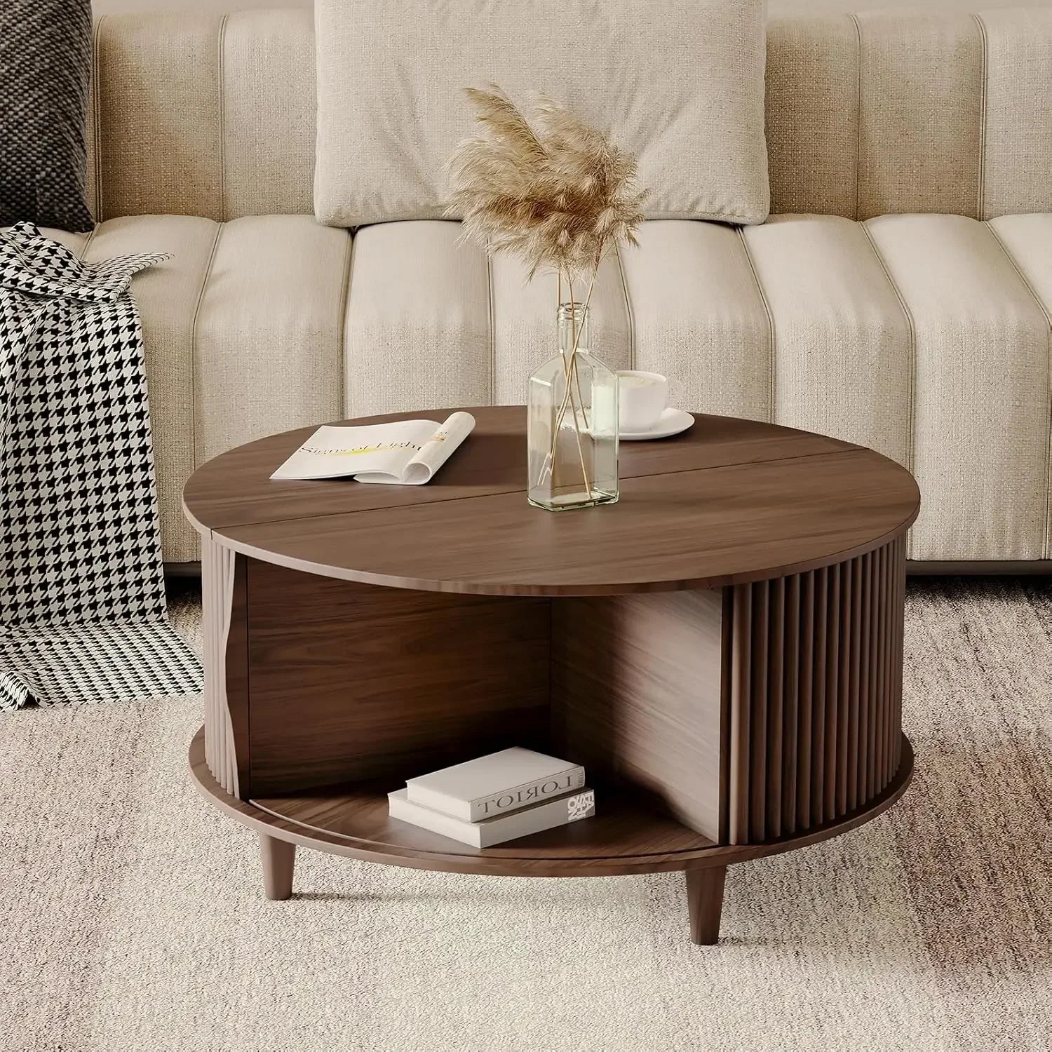Round Coffee Table with Storage Mid Century Modern Dining Table with Sliding Cabinet Door for Living Room Home Center Table