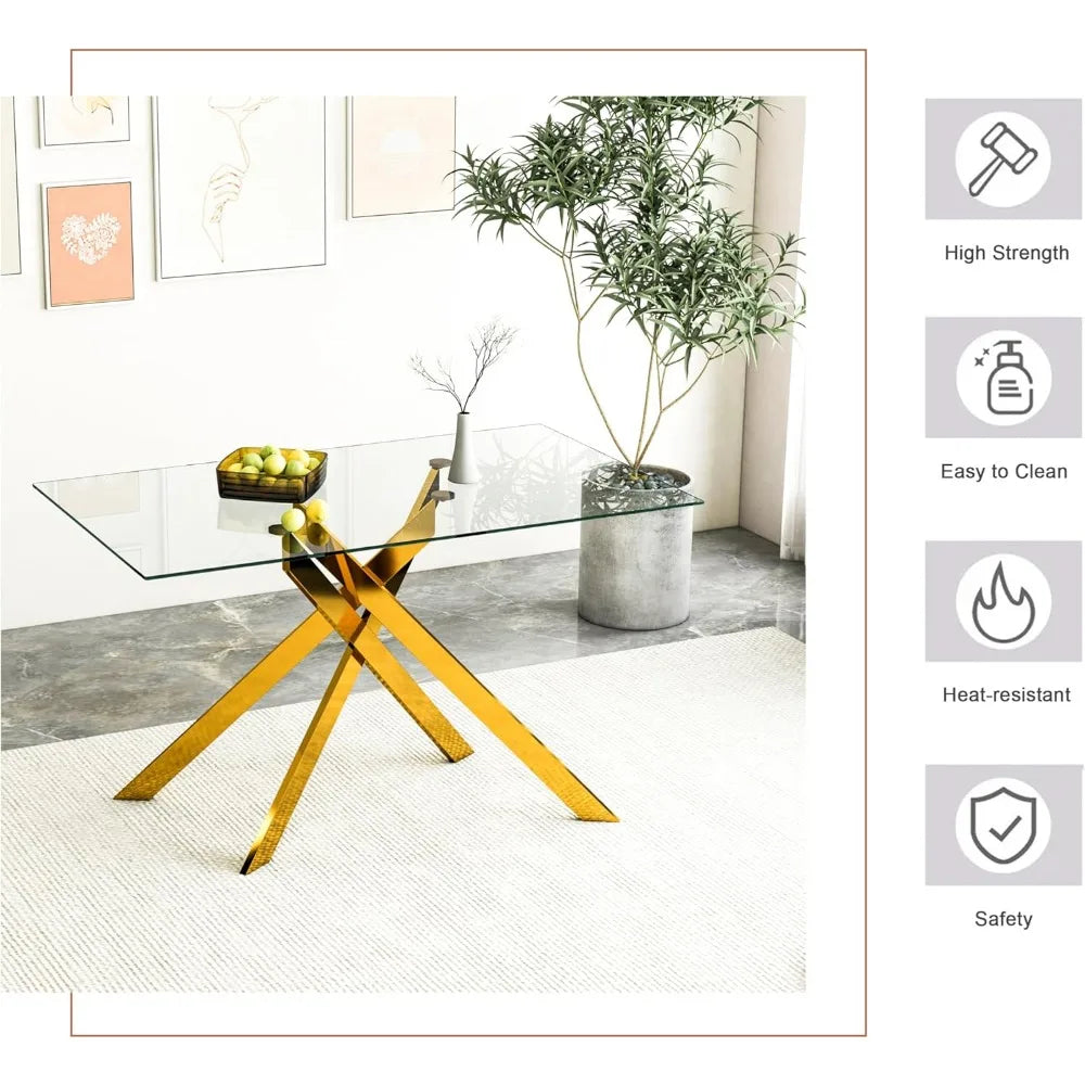 51.18" Rectangular Glass Dining Table, Tempered Glass Kitchen Tabe with Metal Legs, Stylish and Sturdy Dinner Table for Home and