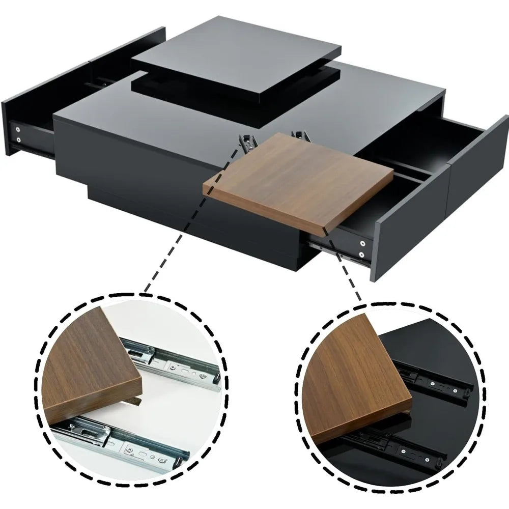 movable coffee table square high gloss surface, with 4 hidden storage drawers square center furniture for living room, black