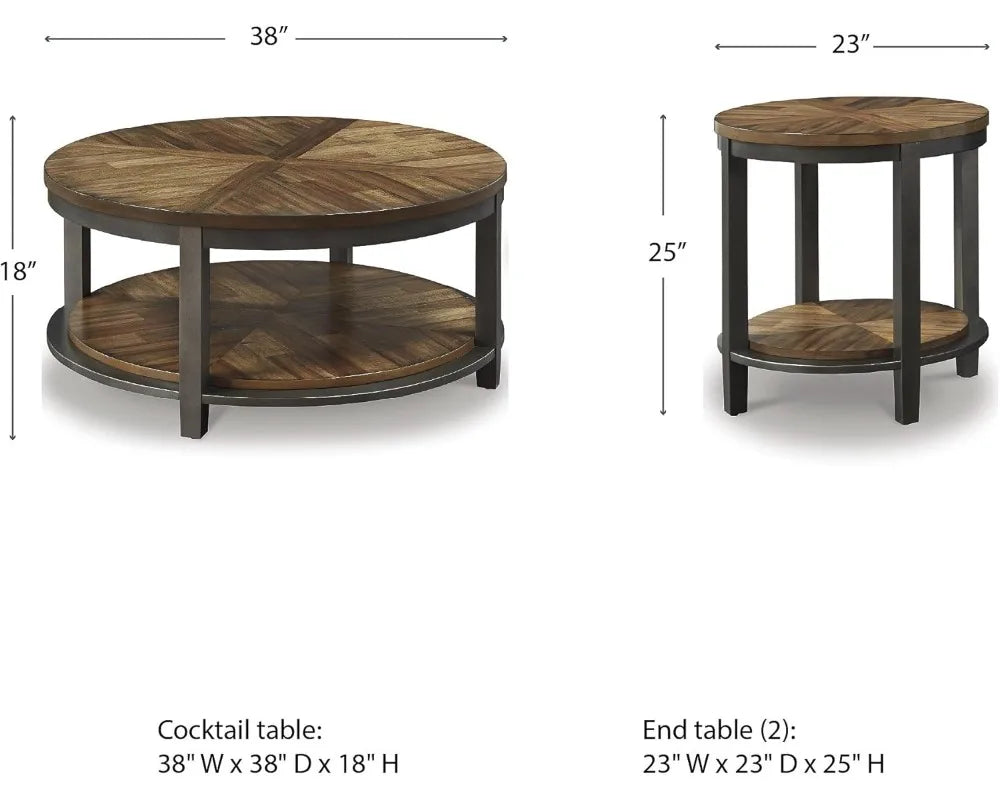 Rustic Round 3-Piece Coffee Table Set with Fixed Shelf, Light Brown Farmhouse Style Living Room Furniture