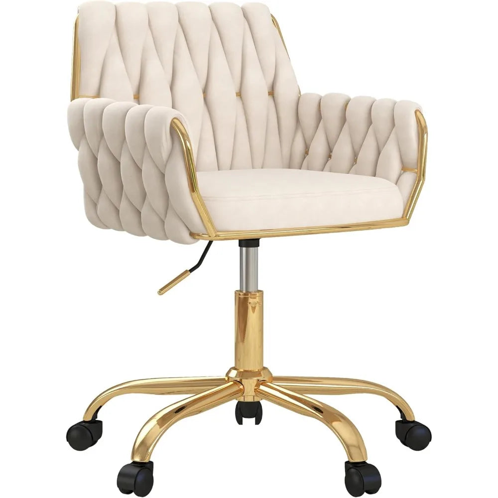 Elegant Home Office Chair: Adjustable Vanity Seat with Golden Stand and Woven Backrest for Bedroom, Study, or Vanity Area