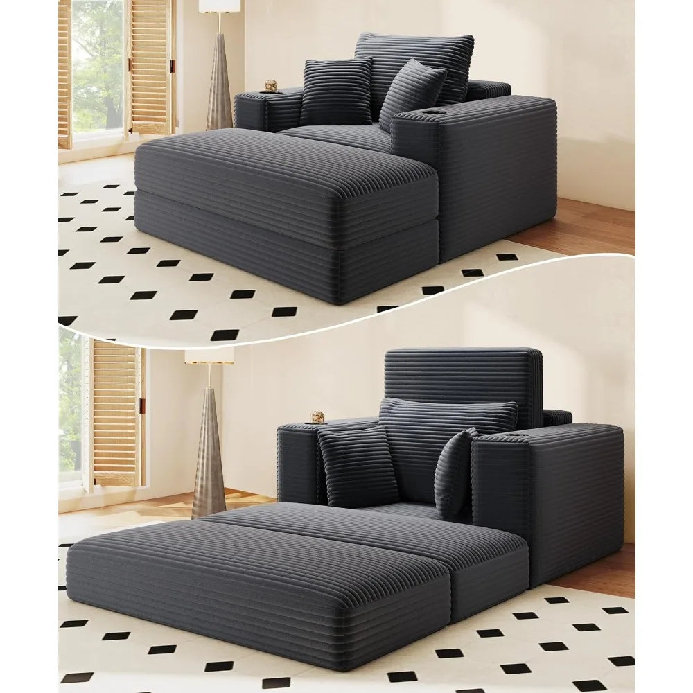 62" Oversized Chaise Lounge Chair Indoor, Corduroy Boneless Chaise Lounge Couch Sleeper Chair, Convertible Oversized Reading Cha