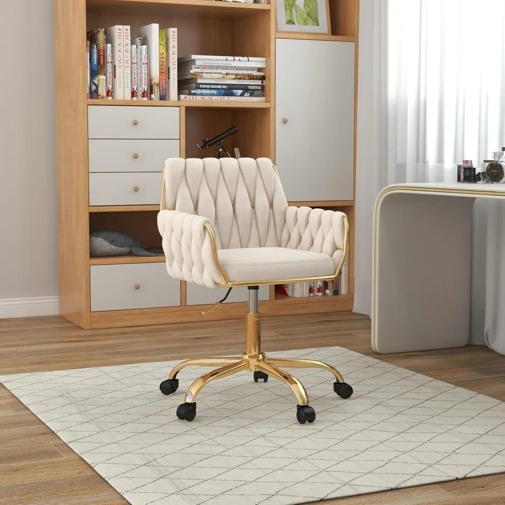 Elegant Home Office Chair: Adjustable Vanity Seat with Golden Stand and Woven Backrest for Bedroom, Study, or Vanity Area