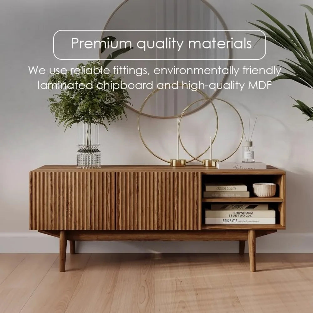 "Scandinavian TV Stand - Fluted Design with Wood Legs, Fits 50-70" TVs, Modern Media Console"