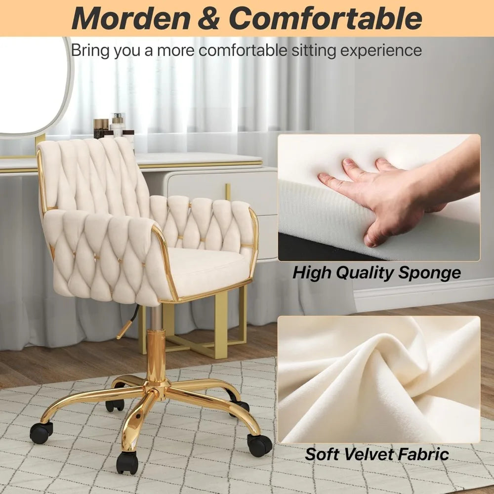 Elegant Home Office Chair: Adjustable Vanity Seat with Golden Stand and Woven Backrest for Bedroom, Study, or Vanity Area