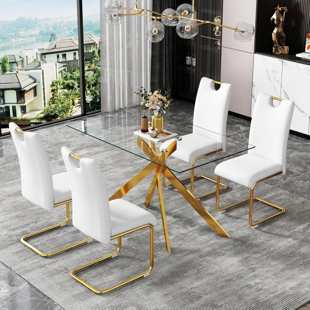 51.18" Rectangular Glass Dining Table, Tempered Glass Kitchen Tabe with Metal Legs, Stylish and Sturdy Dinner Table for Home and