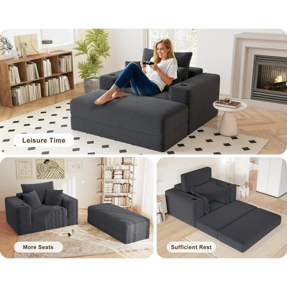 62" Oversized Chaise Lounge Chair Indoor, Corduroy Boneless Chaise Lounge Couch Sleeper Chair, Convertible Oversized Reading Cha