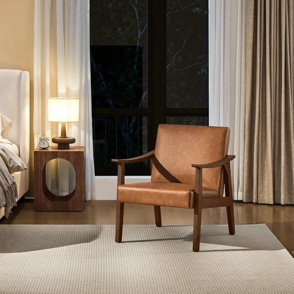 PU Leather Accent Chair, Mid-Century Modern Armchair with Solid Wood Legs, Reading Leisure Chair with High Back for Living Room