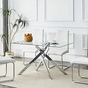 51.18" Rectangular Glass Dining Table, Tempered Glass Kitchen Tabe with Metal Legs, Stylish and Sturdy Dinner Table for Home and