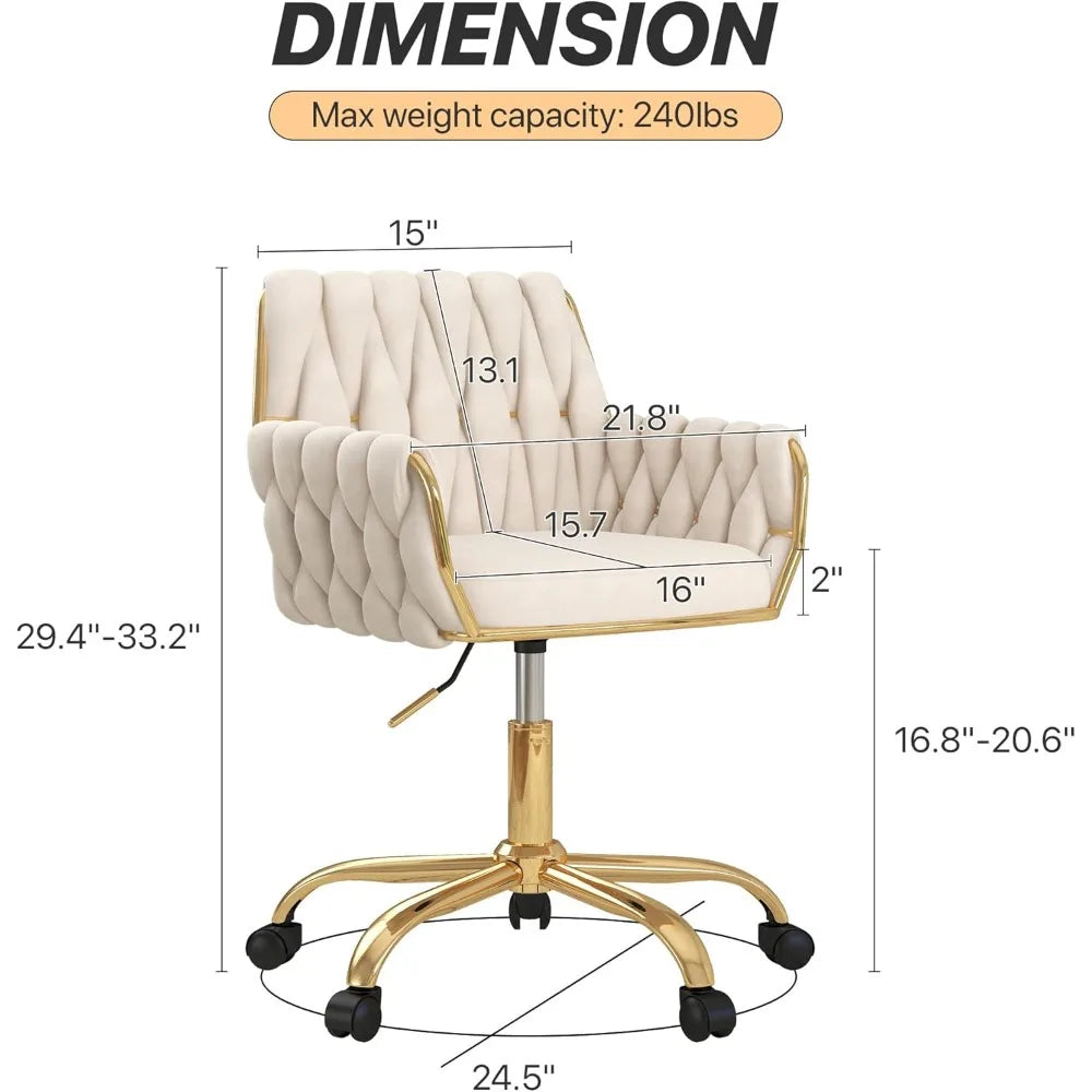 Elegant Home Office Chair: Adjustable Vanity Seat with Golden Stand and Woven Backrest for Bedroom, Study, or Vanity Area