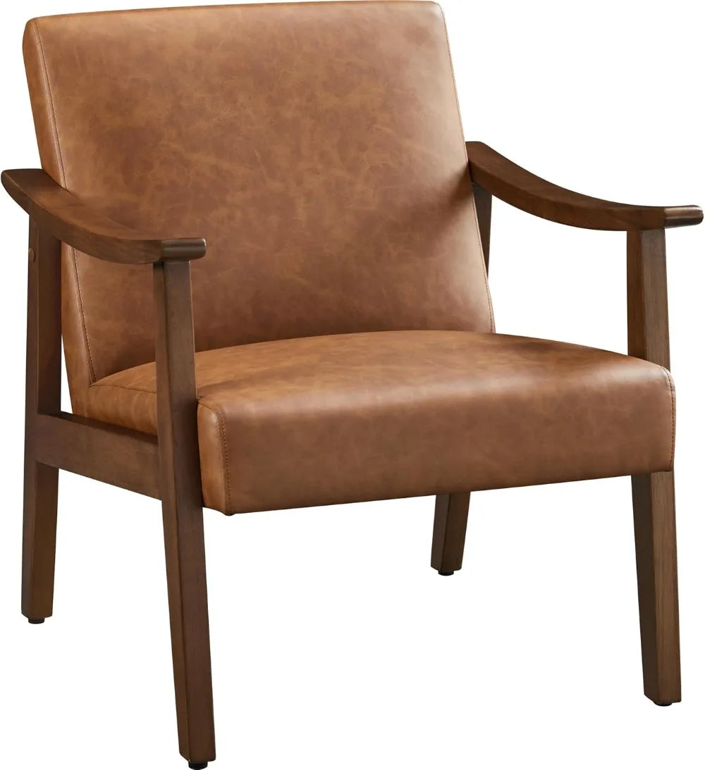 PU Leather Accent Chair, Mid-Century Modern Armchair with Solid Wood Legs, Reading Leisure Chair with High Back for Living Room