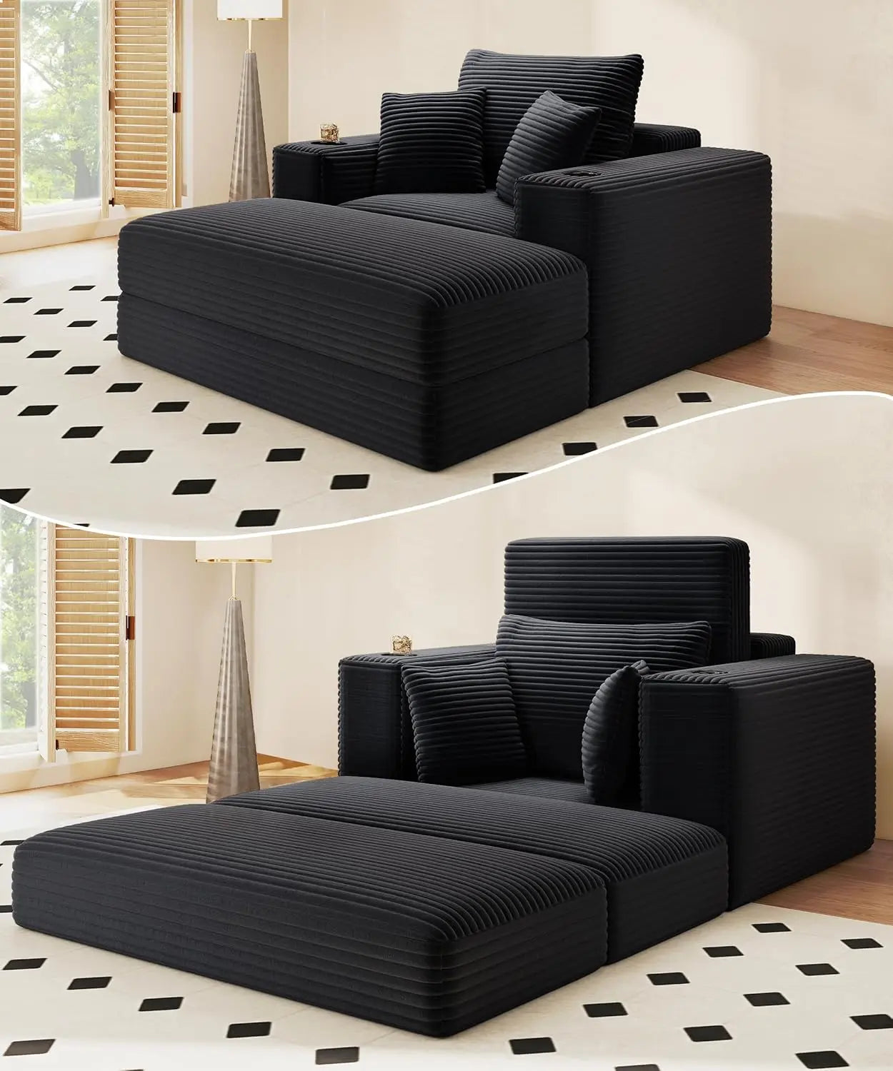 62" Oversized Chaise Lounge Chair Indoor, Corduroy Boneless Chaise Lounge Couch Sleeper Chair, Convertible Oversized Reading Cha