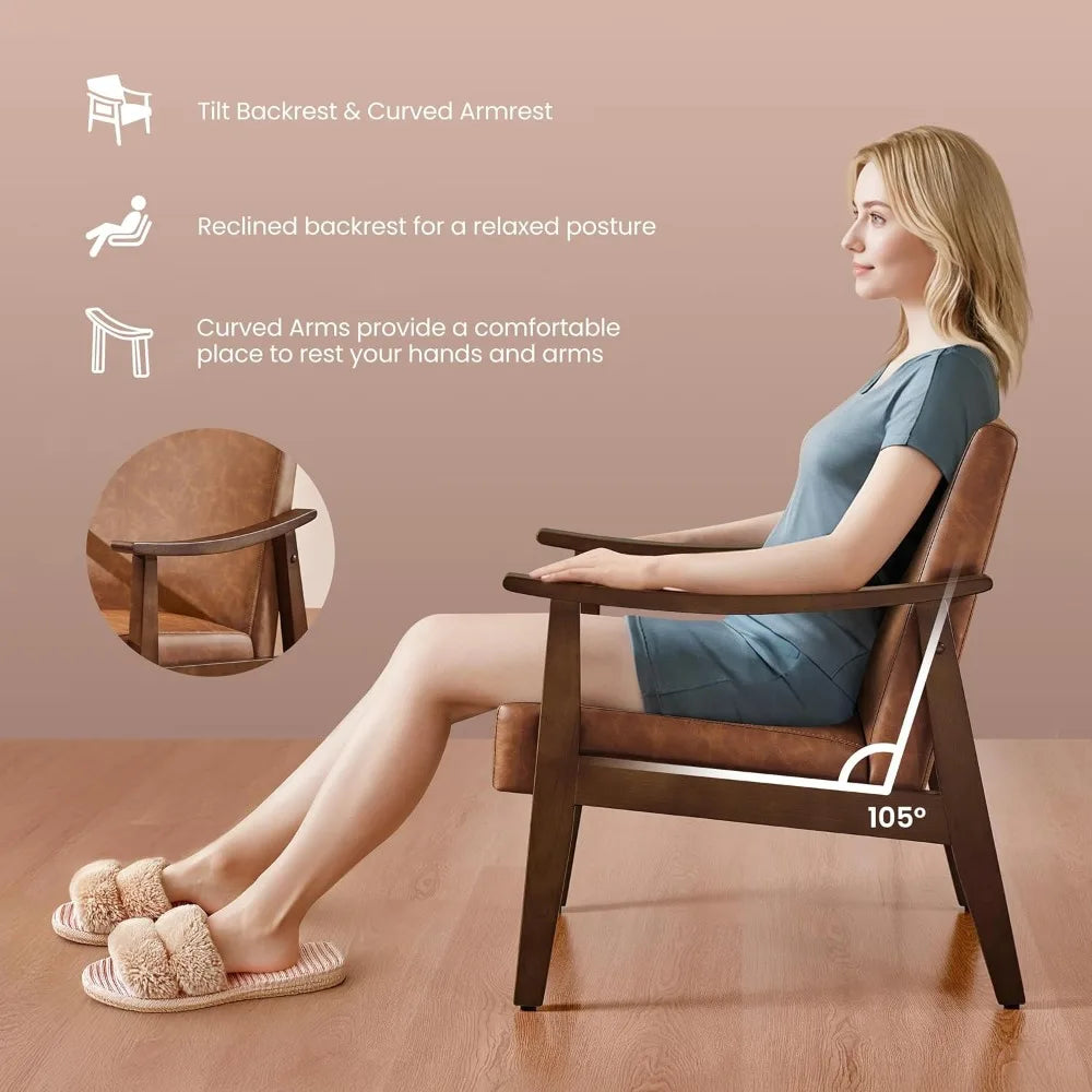 PU Leather Accent Chair, Mid-Century Modern Armchair with Solid Wood Legs, Reading Leisure Chair with High Back for Living Room