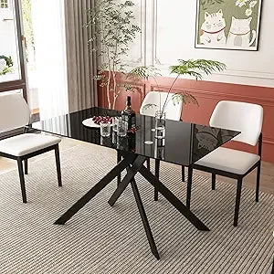 51.18" Rectangular Glass Dining Table, Tempered Glass Kitchen Tabe with Metal Legs, Stylish and Sturdy Dinner Table for Home and