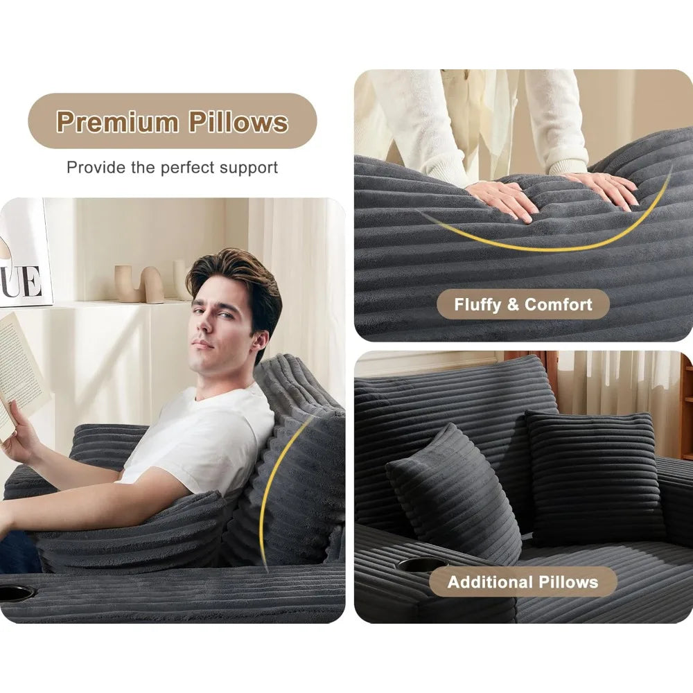 62" Oversized Chaise Lounge Chair Indoor, Corduroy Boneless Chaise Lounge Couch Sleeper Chair, Convertible Oversized Reading Cha