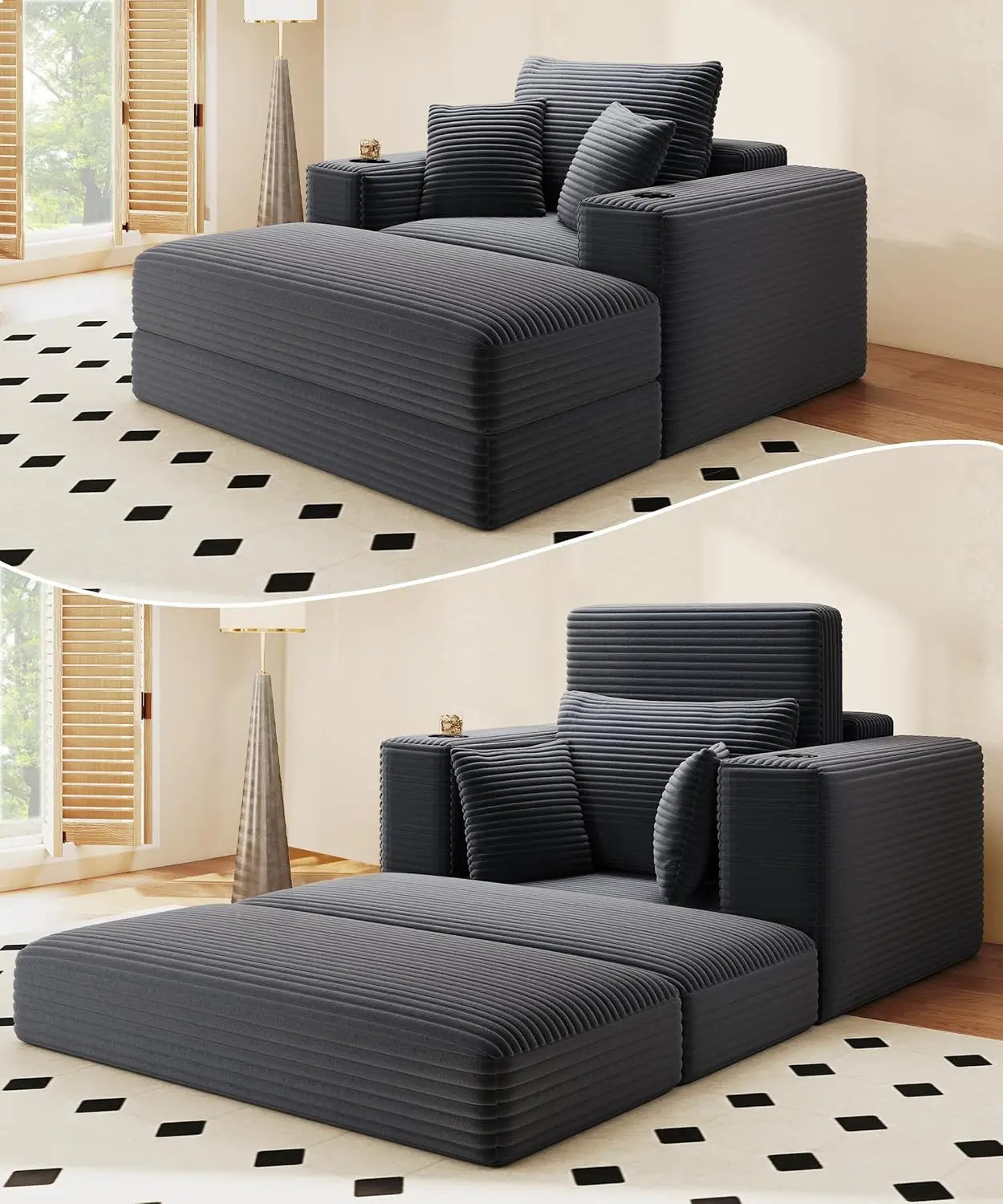 62" Oversized Chaise Lounge Chair Indoor, Corduroy Boneless Chaise Lounge Couch Sleeper Chair, Convertible Oversized Reading Cha