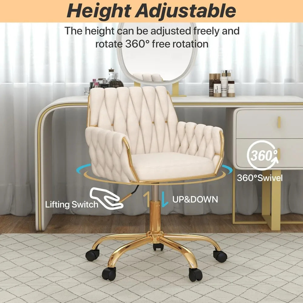 Elegant Home Office Chair: Adjustable Vanity Seat with Golden Stand and Woven Backrest for Bedroom, Study, or Vanity Area