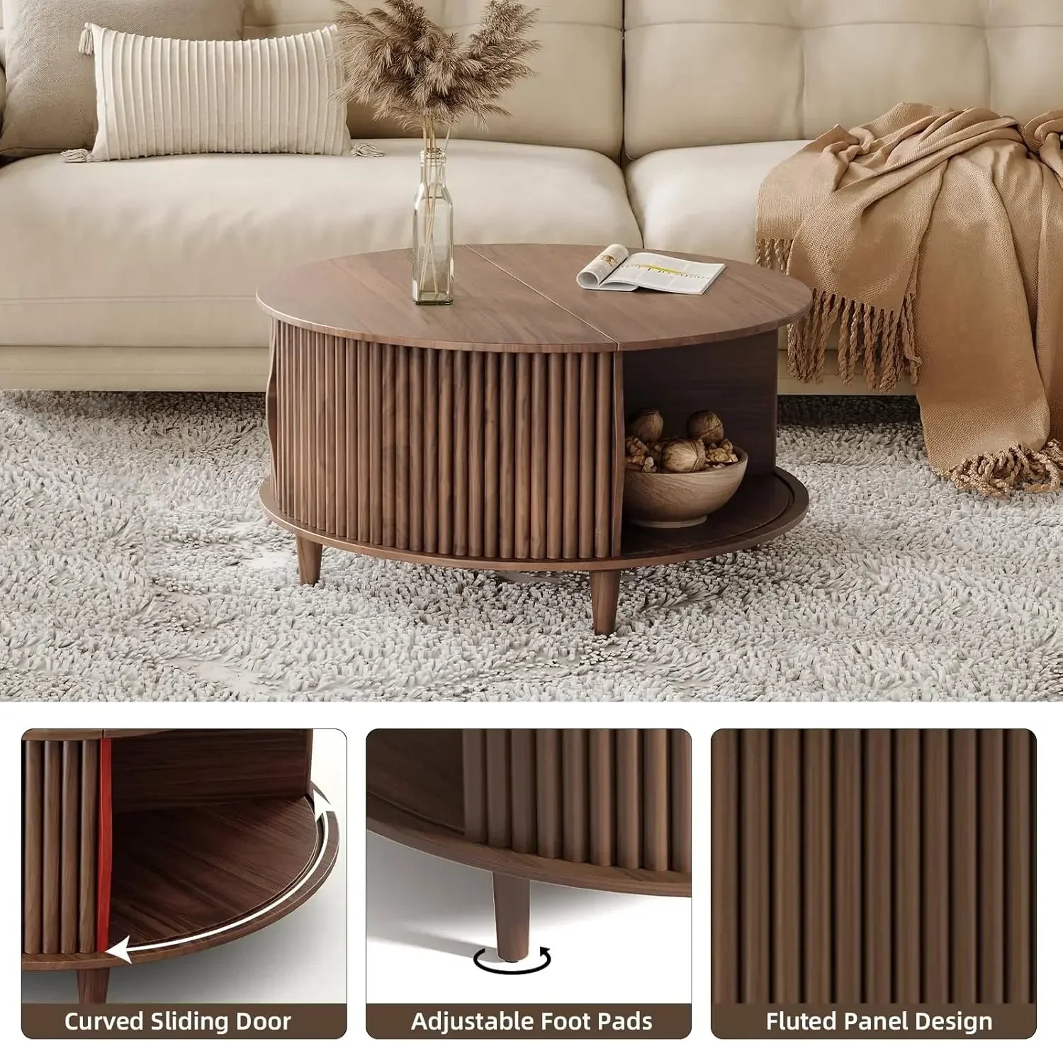 Round Coffee Table with Storage Mid Century Modern Dining Table with Sliding Cabinet Door for Living Room Home Center Table
