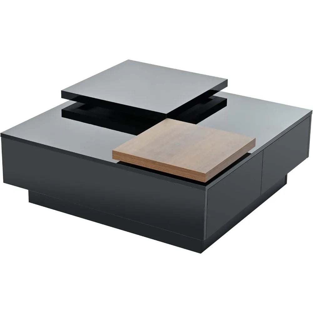 movable coffee table square high gloss surface, with 4 hidden storage drawers square center furniture for living room, black