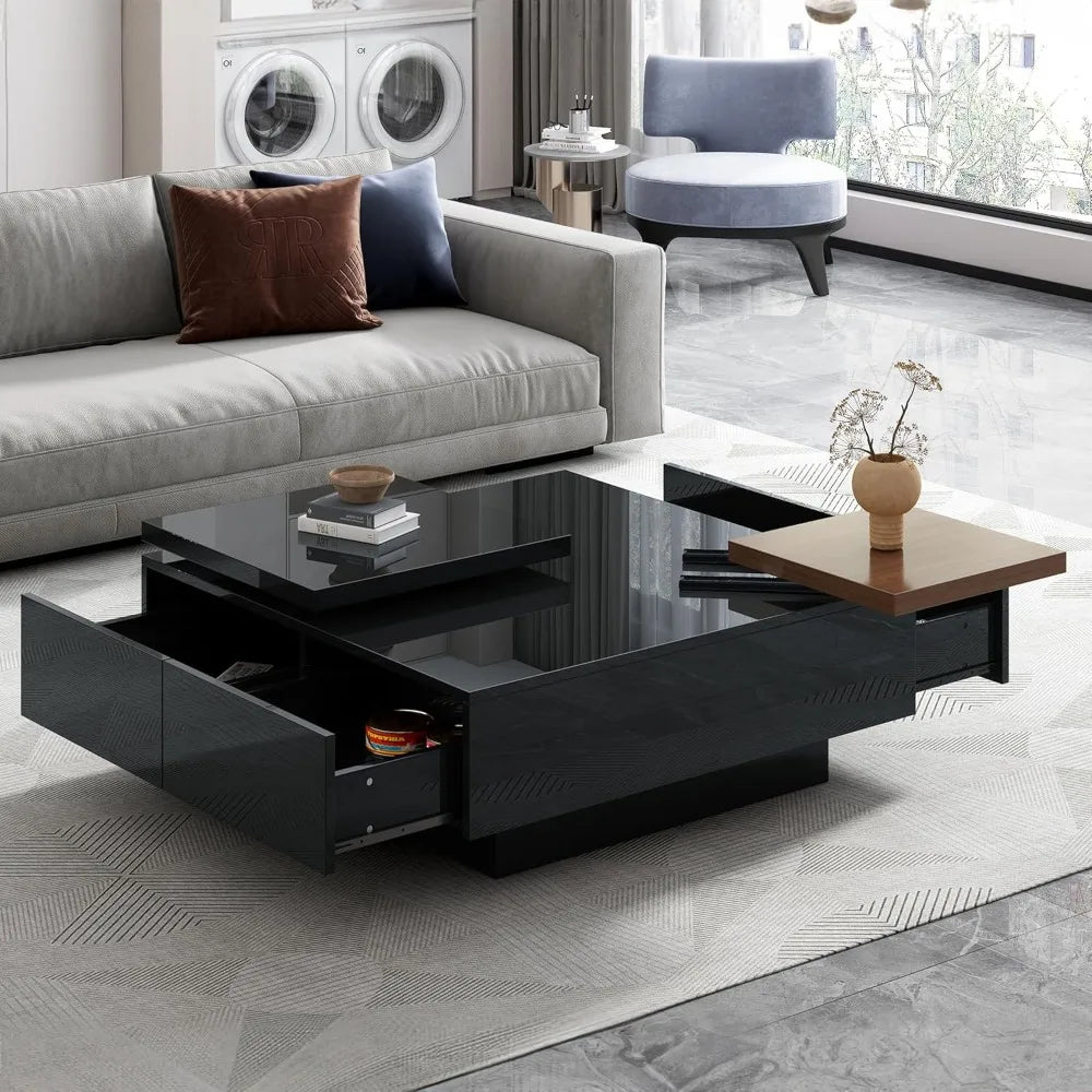 movable coffee table square high gloss surface, with 4 hidden storage drawers square center furniture for living room, black