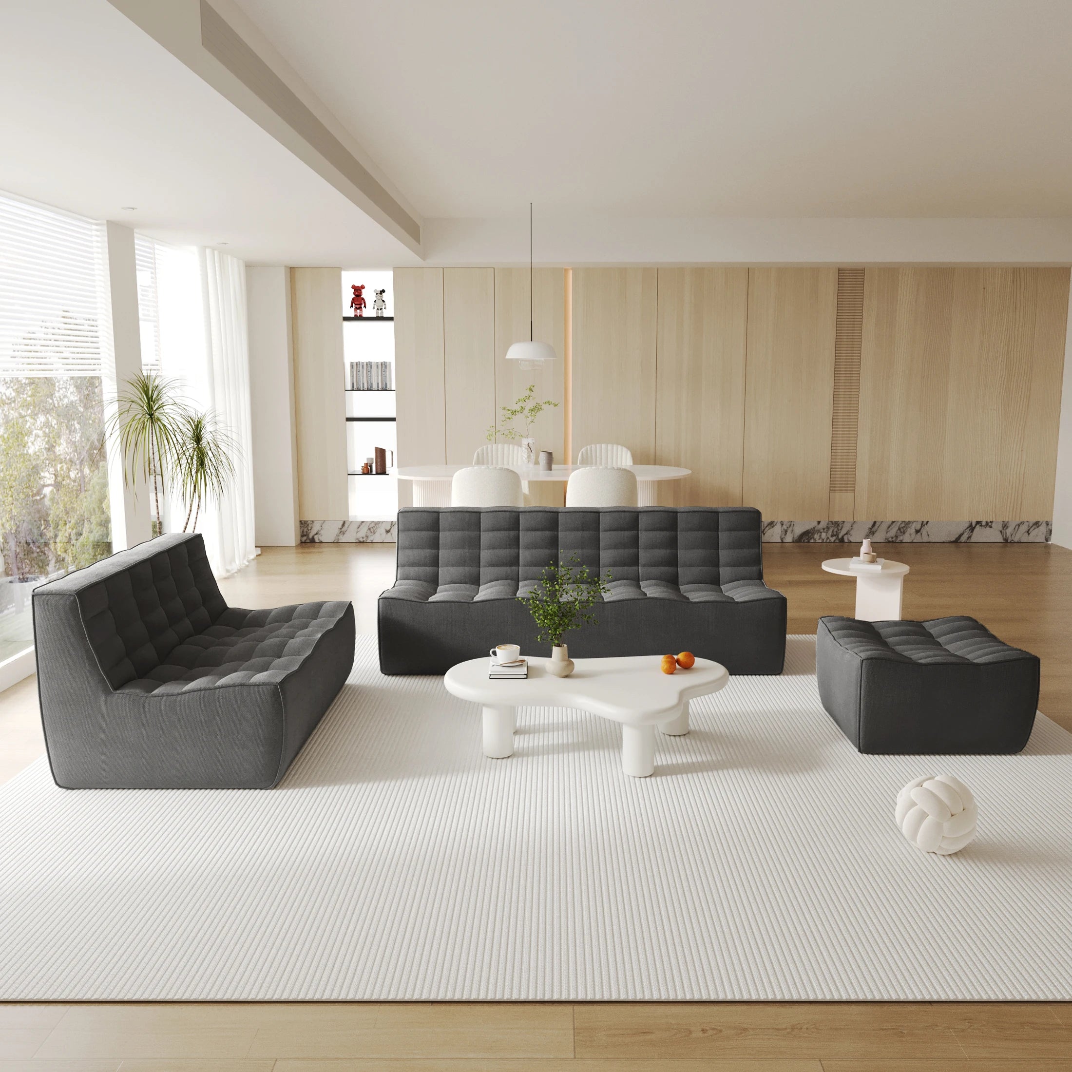 ATUNUS US in Stock Vacuum Compressed Sofa Floor Black Home 1 2 3 Seater Chenille Linen Blended Fabric Waffle Sofa Couch Set