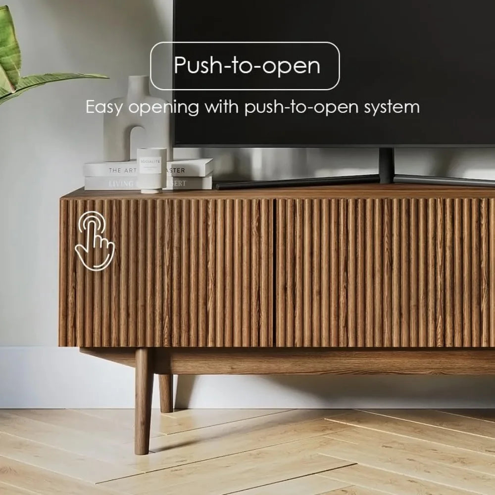 "Scandinavian TV Stand - Fluted Design with Wood Legs, Fits 50-70" TVs, Modern Media Console"