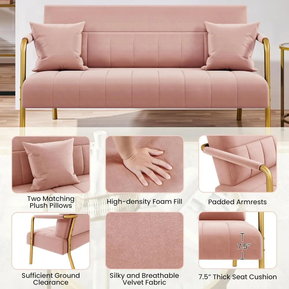 56.5" Luxurious Velvet Fabric Living Room sofa w/Gold-Tone Metal Arms and Legs for Livings Rooms, Home Office, Living Room Sofa