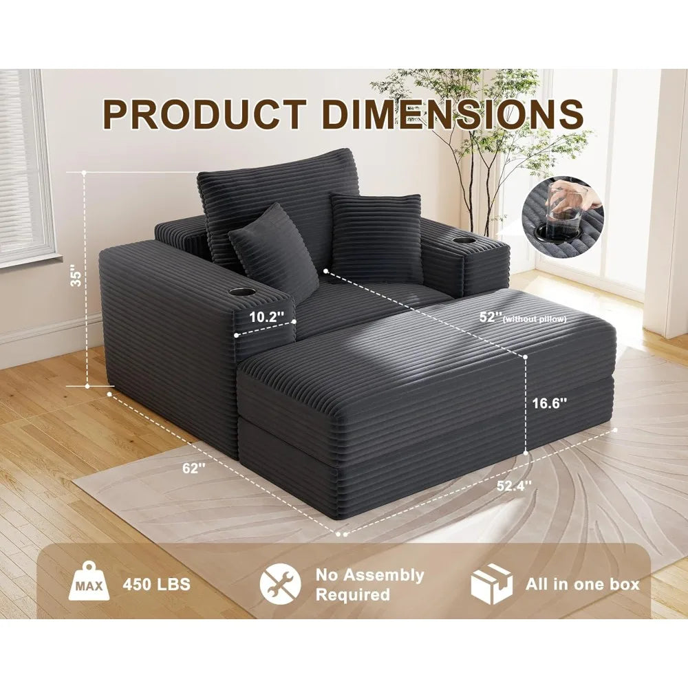 62" Oversized Chaise Lounge Chair Indoor, Corduroy Boneless Chaise Lounge Couch Sleeper Chair, Convertible Oversized Reading Cha