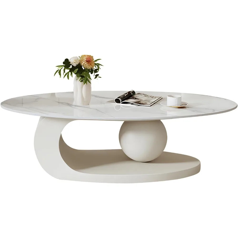 Modern Stone Coffee Table with Abstract Metal Base Living Room Table Center Table for Home Furniture - White 39" L x 20"