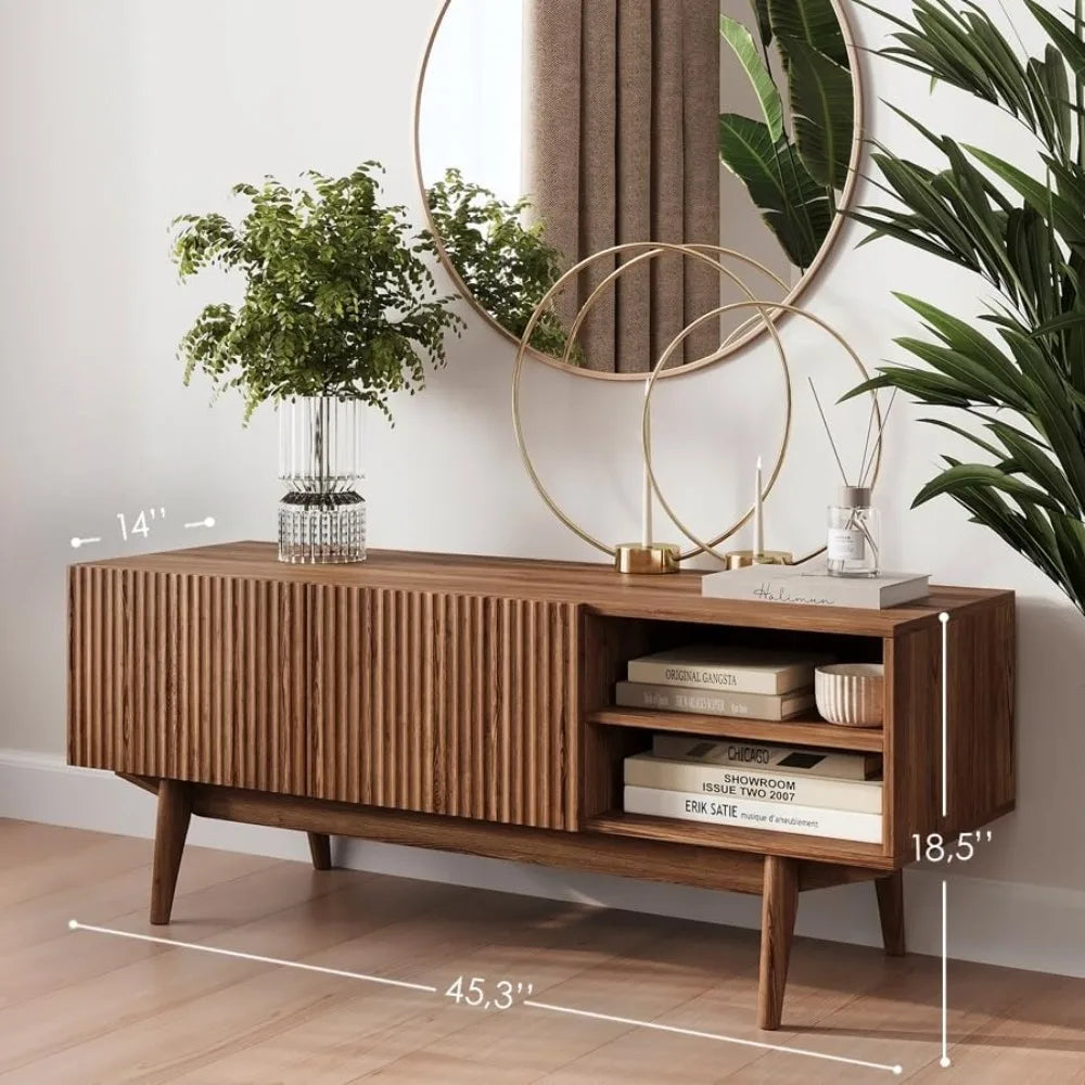 "Scandinavian TV Stand - Fluted Design with Wood Legs, Fits 50-70" TVs, Modern Media Console"