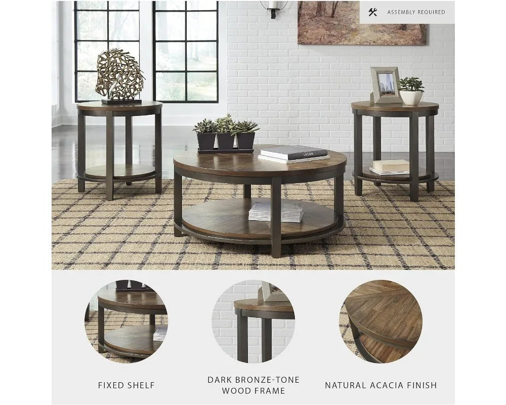 Rustic Round 3-Piece Coffee Table Set with Fixed Shelf, Light Brown Farmhouse Style Living Room Furniture