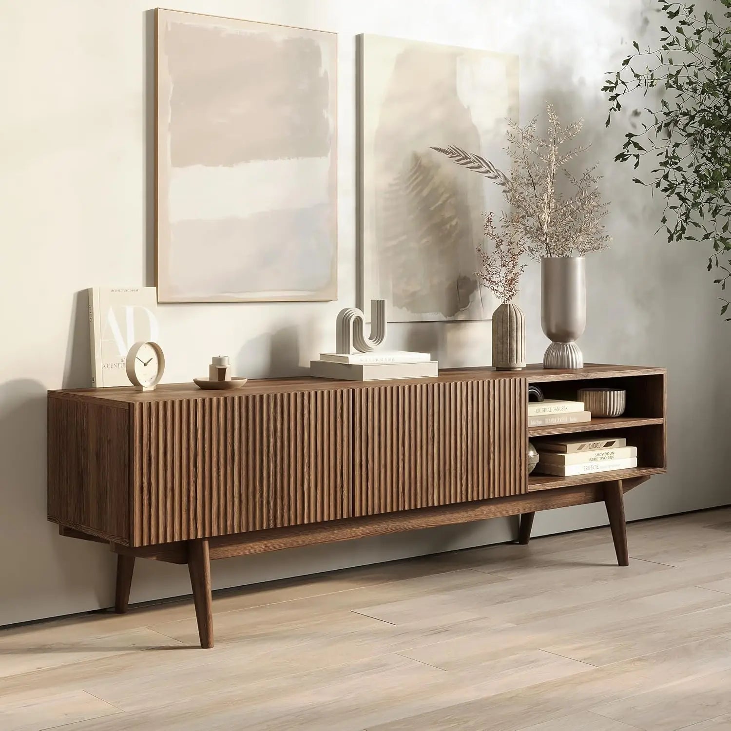 "Scandinavian TV Stand - Fluted Design with Wood Legs, Fits 50-70" TVs, Modern Media Console"