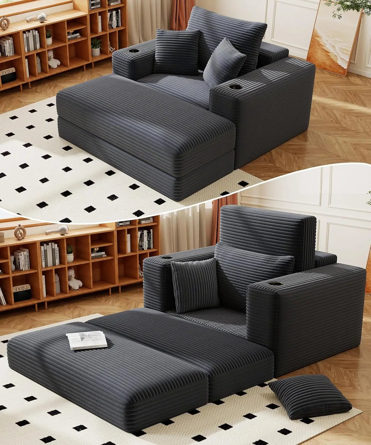 62" Oversized Chaise Lounge Chair Indoor, Corduroy Boneless Chaise Lounge Couch Sleeper Chair, Convertible Oversized Reading Cha