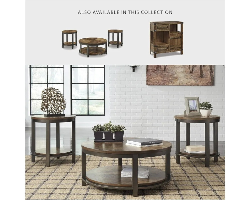 Rustic Round 3-Piece Coffee Table Set with Fixed Shelf, Light Brown Farmhouse Style Living Room Furniture