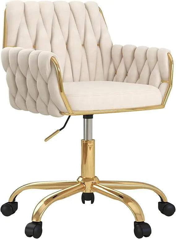 Elegant Home Office Chair: Adjustable Vanity Seat with Golden Stand and Woven Backrest for Bedroom, Study, or Vanity Area
