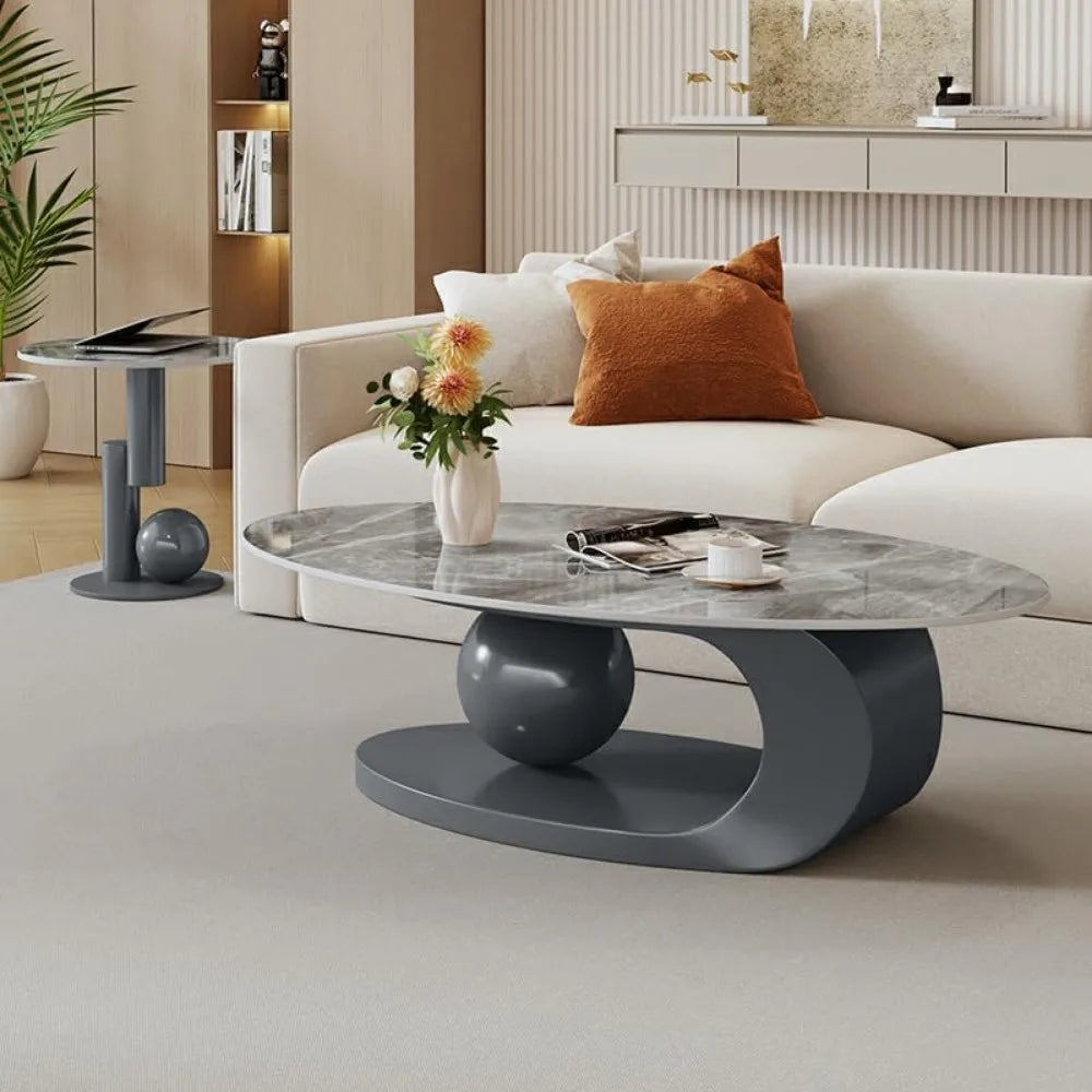 Modern Stone Coffee Table with Abstract Metal Base Living Room Table Center Table for Home Furniture - White 39" L x 20"