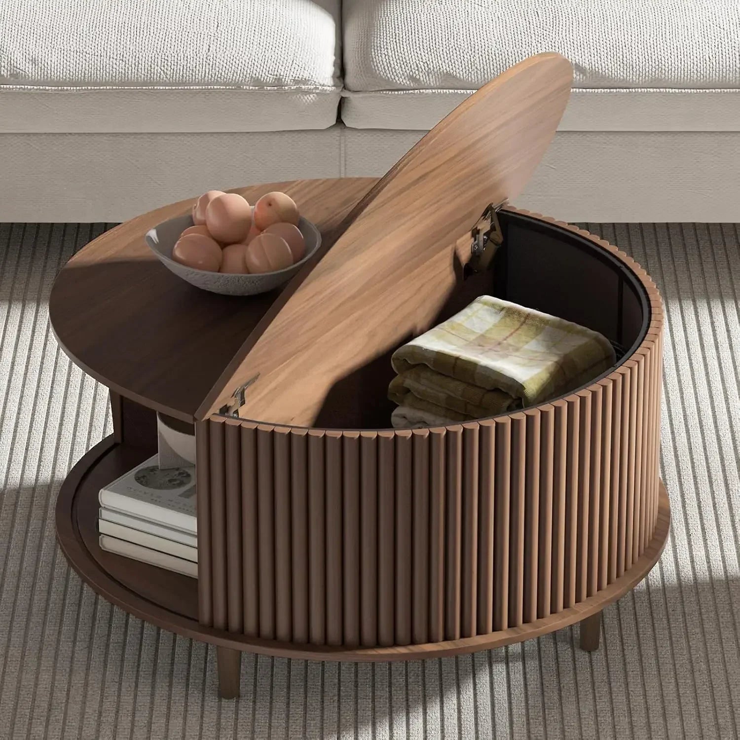 Round Coffee Table with Storage Mid Century Modern Dining Table with Sliding Cabinet Door for Living Room Home Center Table