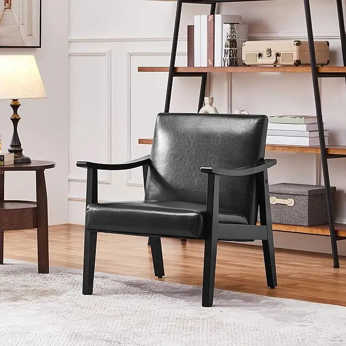 PU Leather Accent Chair, Mid-Century Modern Armchair with Solid Wood Legs, Reading Leisure Chair with High Back for Living Room