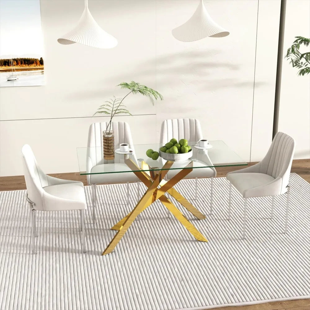 51.18" Rectangular Glass Dining Table, Tempered Glass Kitchen Tabe with Metal Legs, Stylish and Sturdy Dinner Table for Home and