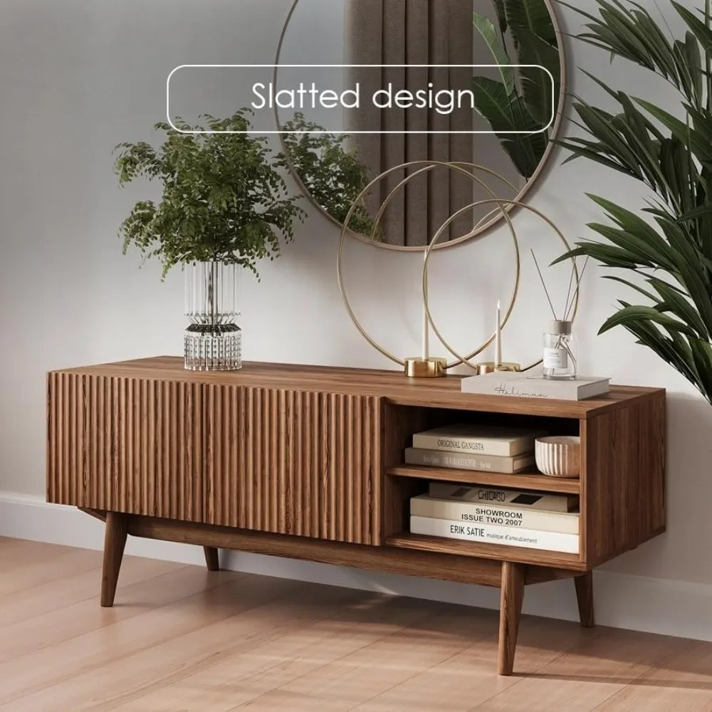 "Scandinavian TV Stand - Fluted Design with Wood Legs, Fits 50-70" TVs, Modern Media Console"