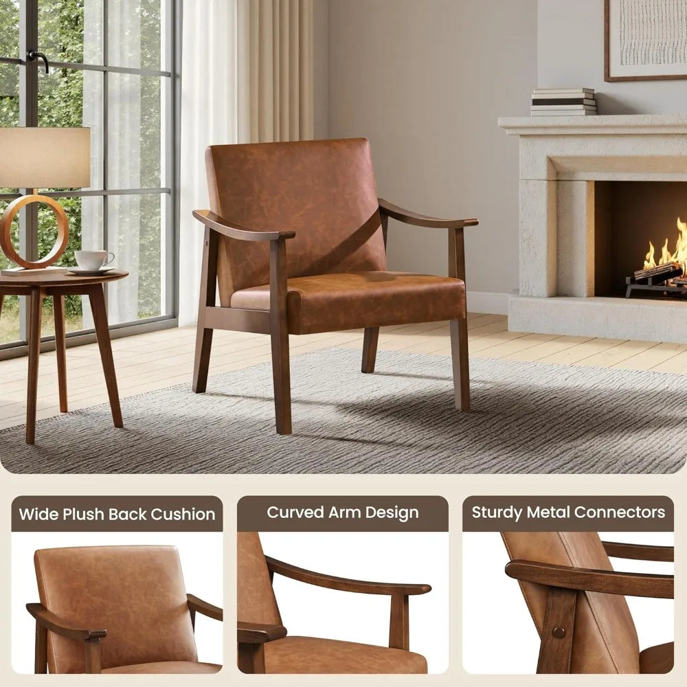 PU Leather Accent Chair, Mid-Century Modern Armchair with Solid Wood Legs, Reading Leisure Chair with High Back for Living Room