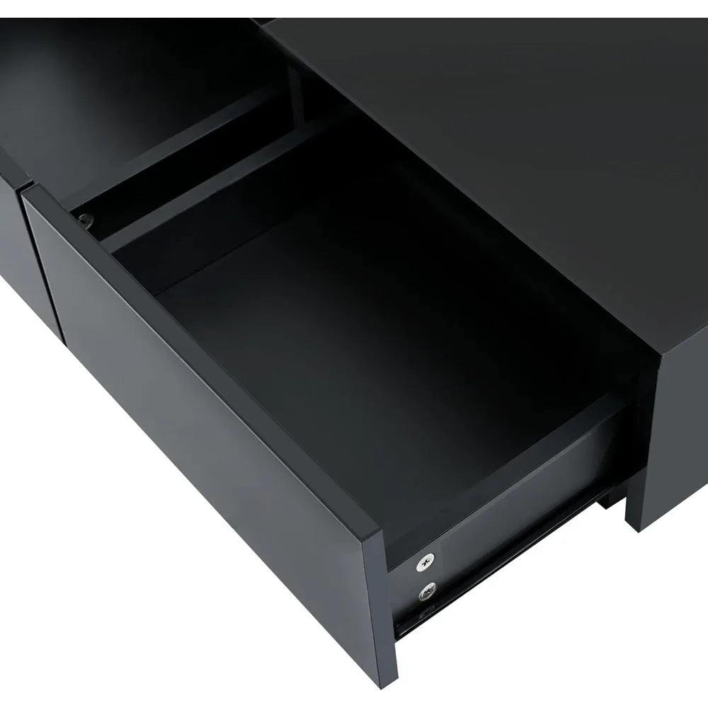movable coffee table square high gloss surface, with 4 hidden storage drawers square center furniture for living room, black
