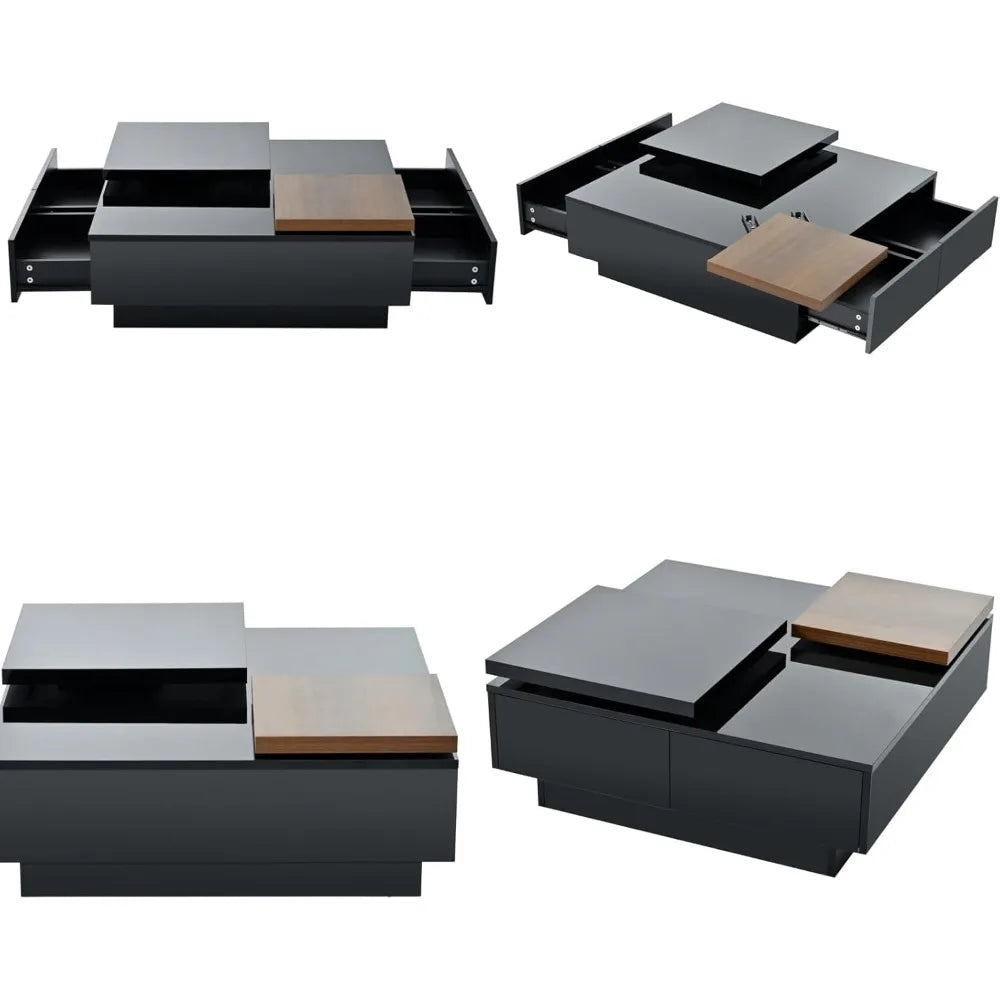 movable coffee table square high gloss surface, with 4 hidden storage drawers square center furniture for living room, black